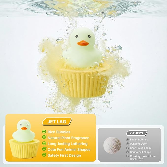 JET LAG 9PCS Cute Duck Bath Bombs for Kids, Handmade Fizzies Bathbombs for Women, Natural & Kids Friendly - Cupcake Gift Set for Birthday Christmas Easter Valentine's Day