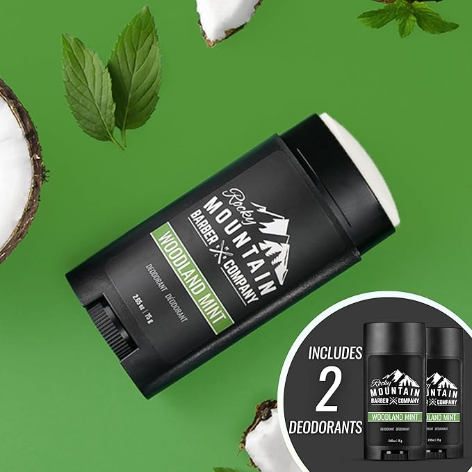 Natural Deodorant for Men – 2 Pack - Aluminum Free - Made in USA with Simple, Plant-Based Ingredients & Peppermint Essential Oil – Woodland Mint Scent – 2.65 oz each by Rocky Mountain Barber Company