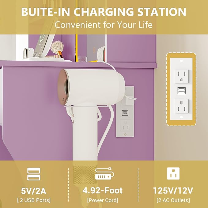 Vanity Desk with LED Lights Mirror & Power Outlet, Small Makeup Vanity Table Set with Storage Drawers & Chair, 3 Lighting Modes & Adjustable Brightness, Dressing Table for Women Girls Bedroom, Purple