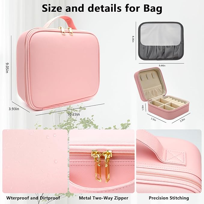 SLUMAZI Travel Makeup Bag with LED Mirror with 3 Lighted Settings, Adjustable Dividers, Makeup Brush Storage Bag and Jewelry Case Pink