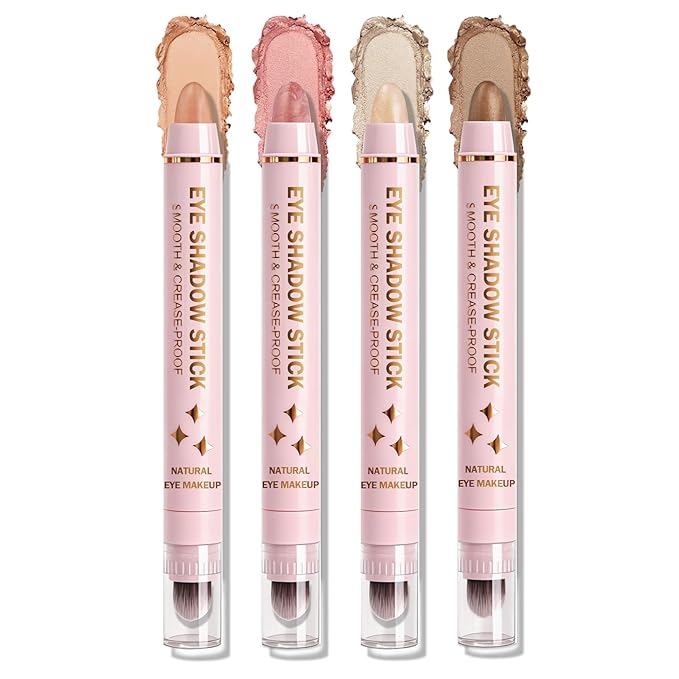 4 Colors Cream Eyeshadow Stick Set, Eye Shadow Brightener Stick Shimmer and Matte Finishes, Long-Lasting, Waterproof, Crease-Proof, Crayon Eye Shadow Pencil Highlighter Makeup Set B