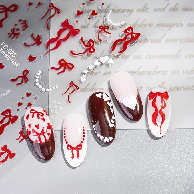Bow Nail Art Stickers Red White Laser Bow Stars Hearts Nail Design Stickers for Nails Art Valentines Bows Nail Decals Supplies DIY Acrylic Manicure Decoration Accessories for Women 6 Sheets