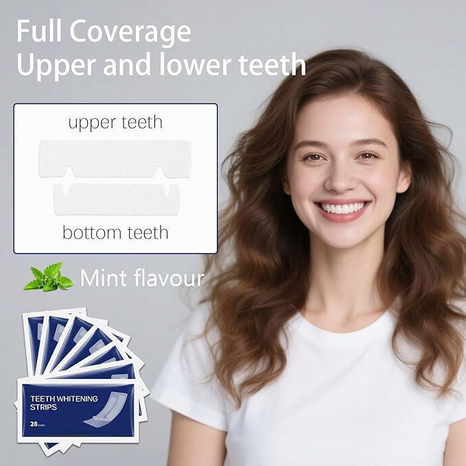 Teeth Whitening Strips 14 Treatments, Gentle Enamel-Friendly Formula for Sensitive Teeth with Non-Slip Dry Tech, for Brighter Smiles After Coffee/Wine, 28 White Strips（Mint）