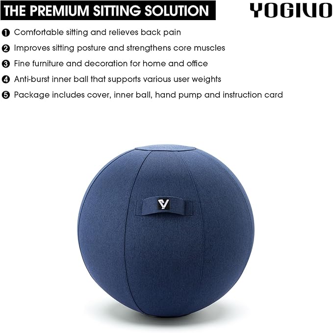 Sitting Ball Chair for Office and Home, Pilates Exercise Yoga Ball with Cover for Balance, Stability and Fitness, Ergonomic Posture Exercise Ball Seat with Handle and Pump
