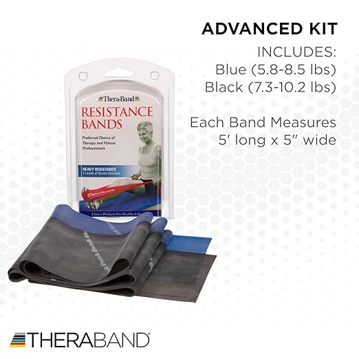 THERABAND Resistance Bands Set, Advanced Kit, Blue, Black, Latex Elastic Bands for Exercise & Physical Therapy, Strength Training for Upper & Lower Body Fitness