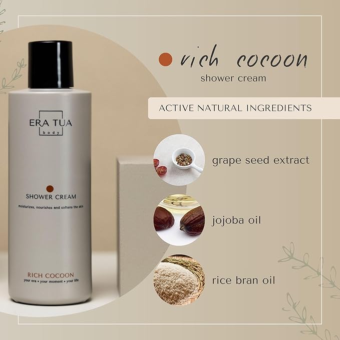 ERA TUA Rich Cocoon Shower Cream | Dutch Made Formulated | Natural Vegan & Cruelty Free | Paraben, Sulfate & Silicone Free | Moisturizing Body Wash for All Skin Types | 200 ml