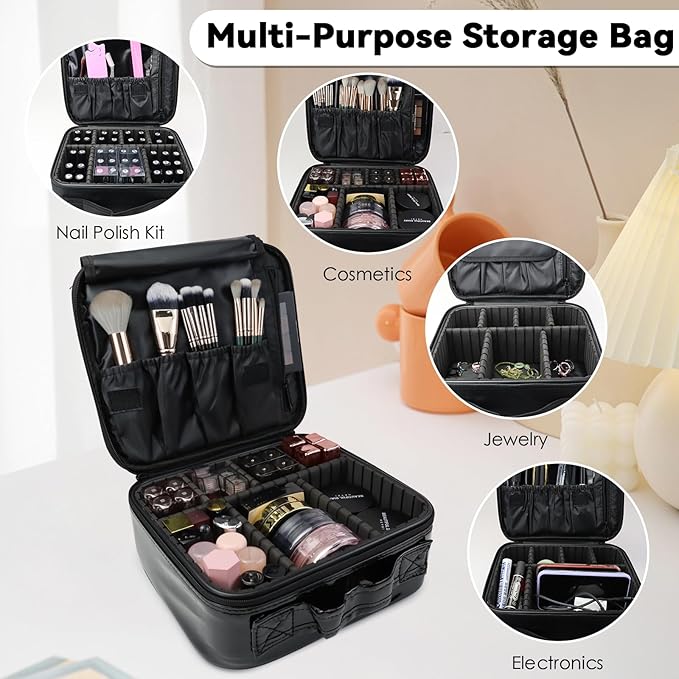 SLUMAZI Travel Makeup Bag Makeup Cosmetic Train Case Organizer Portable Storage Bag with Adjustable Dividers for Cosmetics Makeup Brushes Toiletry Jewelry Black Laser Grid Pattern