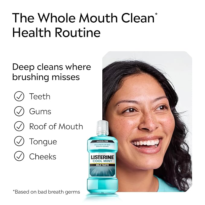 Listerine Cool Mint Alcohol-Free Mild Mouthwash, Oral Rinse Kills 99.9% of Germs That Cause Bad Breath, Less Intense Taste, Mild Mint Flavor, 1 L (Pack of 2)