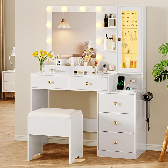 Vanity Desk with Mirror and Lights, Makeup Vanity Table Set with 5 Storage Drawers, Power Outlet & Chair, Small Dressing Table with RGB Ambient Light, Adjustable Brightness for Girls Bedroom, White