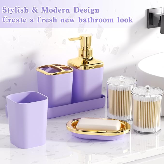 XLHOMO Purple Bathroom Accessories, 24 Pieces Purple and Gold Bathroom Accessories Set with Shower Curtain, Bath Towels, Trash Can, Soap Dispenser and Soap Dish for Bathroom/Housewarming