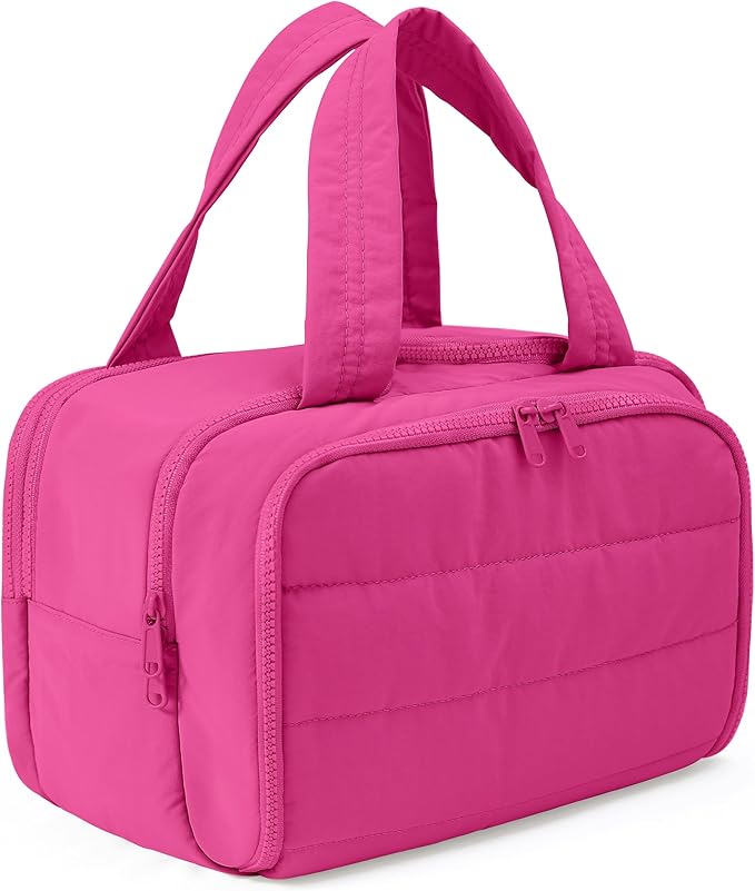 BUZFOWU Travel Toiletry Bag for Women, Large Wide-open Puffy Cosmetic Makeup Bag with Wet-Dry Separation, Multi-Pocket Organizer with Carry Handle for Toiletries, Cosmetics, Essentials, Rose Red