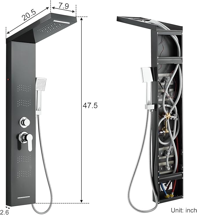 TSIBOMU Stainless Steel Shower Panel Tower System with LED Lights, 5 in 1 Shower Panel with Rainfall Waterfall Shower Head, Body Spray, Handheld Shower, Tub Spout (Black)