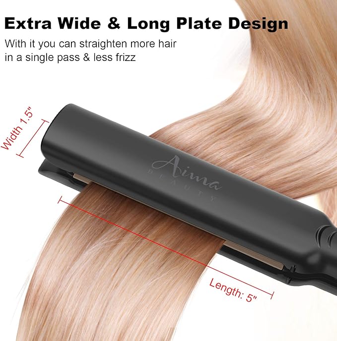 Aima Beauty Hair Straightener, 1.5 inch Extra Wide Flat Iron with 3D Floating Ceramic Coating Plates & LCD Temp Display Dual Voltage for Travel, Black