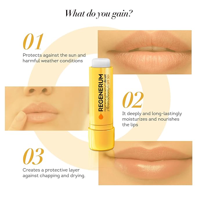 Regenerum - SPF 50+ Regenerating Lip Serum - Sunscreen and Conditioner, Hydrating and Nourishing Vitamin E Prevents Dryness and Pigment Loss - 5g