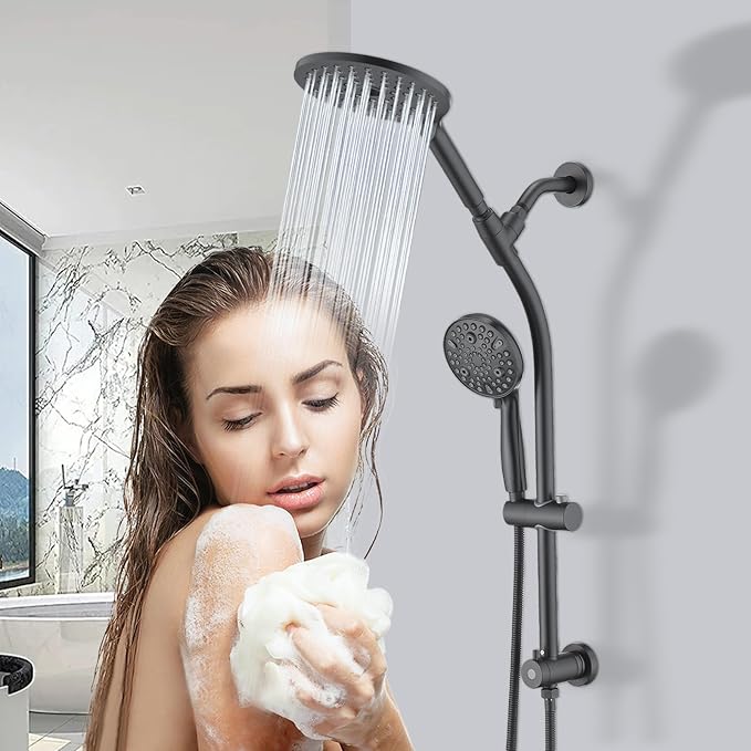 UCLIMAA High Pressure Shower Head with Handheld Shower, 26" Adjustable Height Drill-Free Slide Bar, 3-Way Diverter for Easy Reach, Dual Shower Head Combo Set with 5ft Hose - Matte Black