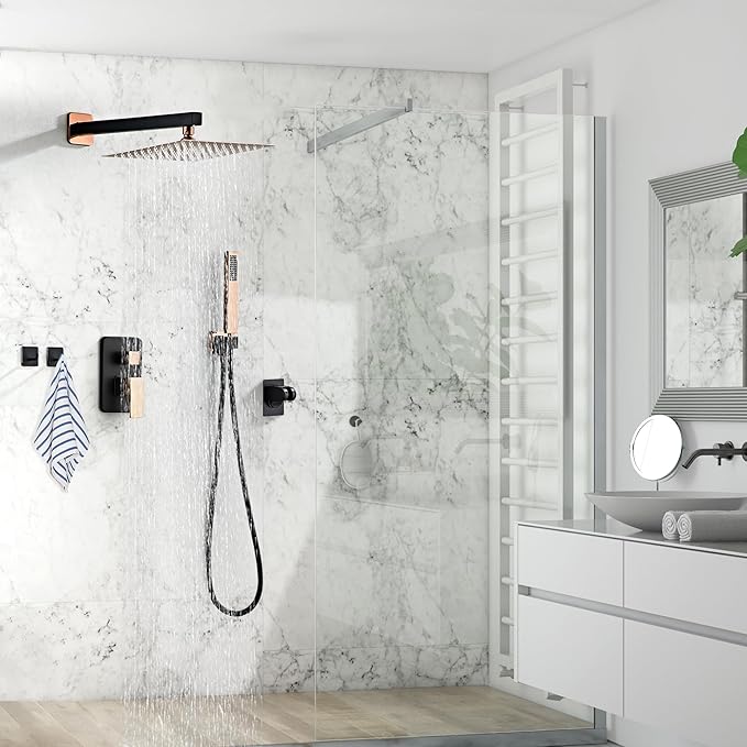 LCEVCGK Shower Faucet Set, Matte Black and Rose Gold Rainfall Shower System Complete Wall Mounted for Bathroom with 10 Inch Square Shower Head and Handheld Shower Head Rain Mixer Combo Set