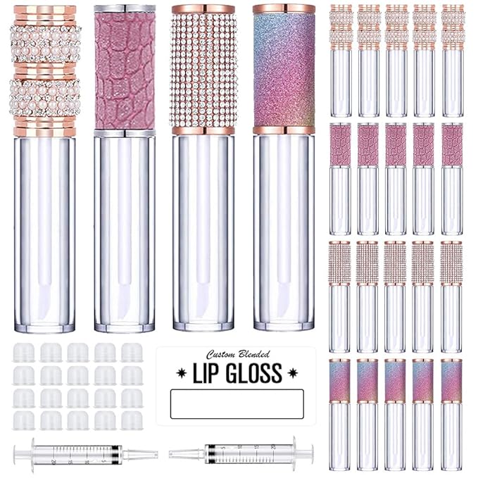 AMORIX 20 Pack Diamond Lip Gloss Tubes with Wand 5ml Empty Rhinestone Cute Lipgloss Bottles/Containers Crystal Lip Gloss Supplies Kit + 2pcs Syringes + Labels for DIY Lip Gloss Base