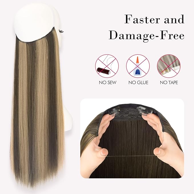 REECHO Invisible Wire Hair Extensions with Transparent Headband Adjustable Size Removable Secure Clips in Straight Secret Hairpiece for Women (Chocolate Brown with Golden Blonde Highlights)