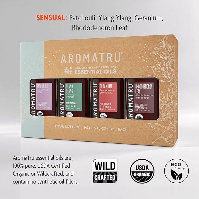 Sensual Essential Oil Kit – Patchouli, Ylang Ylang, Geranium, and Rhododendron Leaf – Organic & Wildcrafted – ISO Certified – No Synthetic Fillers – Ethically Sourced