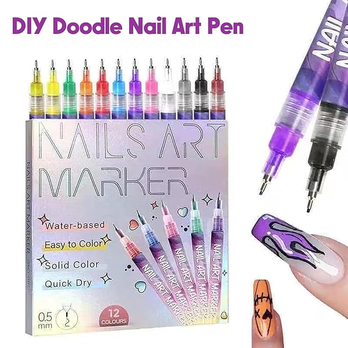 Nail Art Pens 12 Colors Nail Art Pens Set, 0.5mm 3D Nail Polish Pens+24 Reusable Template Stickers Nail Art Markers for Nail Art, Quickly Dry Nail Art Pen for Painting Nails for Home Salon