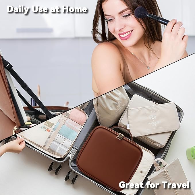 SLUMAZI Travel Makeup Bag with LED Mirror and 10x magnifying glass with 3 Lighted Settings, Adjustable Dividers and Makeup Brush Storage Bag Dark Brown