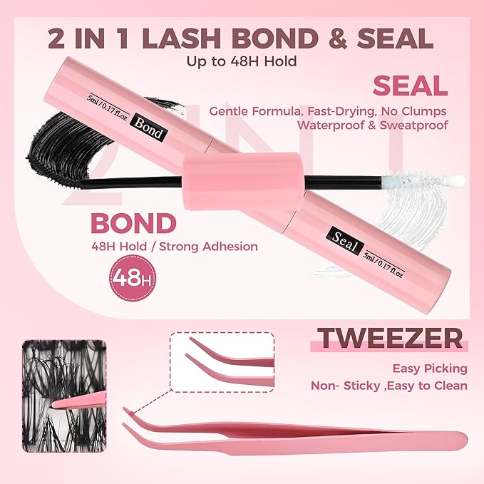 DIY Lash Clusters Kit, 240PCS 30D+40D Mixed Lengths 10–16mm, Natural Wispy Fluffy Look, 2-in-1 Bond&Seal+Precision Tweezer, Lashes Extension Kit (0.07D, 10-16mm, Individual Lashes Kit)