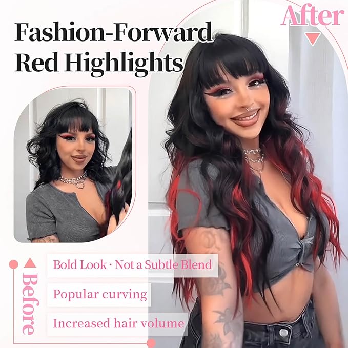 KooKaStyle Hair Extensions Black Mix Red Highlights 1B/113# Clip in Synthetic Highlight Hair Extensions Long Wavy 4PCS Thick Hairpieces 20 Inch for Women
