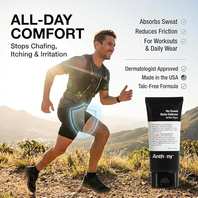 Anthony No Sweat Body Defense Deodorant for Men, Anti-Chafing & Anti-Itch Cream-to-Powder Lotion for Groin, Thighs & Underarms, Talc-Free, Absorbs Moisture, Sweat & Odor Control, 3 fl oz