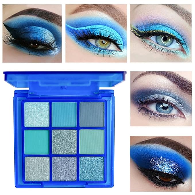 9 Colors Eyeshadow Palette - Blue Eyeshadow Theme, High Pigmented Blendable Matte & Glitter Shimmer Finishes, Long Lasting Eye Makeup for Christmas & Music Festivals(Blue)