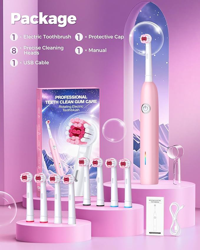 Rotating Electric Toothbrush with 8 Brush Heads for Adults and Kids, 3 Modes Rechargeable Power Toothbrush with 2-Minute Smart Timer, 45-Day Battery Life (Pink)