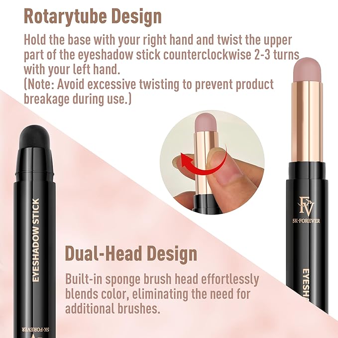 FV Waterproof Eyeshadow Stick Duo,Long-Lasting Cream Eye Shadow Makeup Sets, High Pigmented Eyeshadow Pencil with Matte & Shimmer Finish, Natural Look (Rose & Champagne)