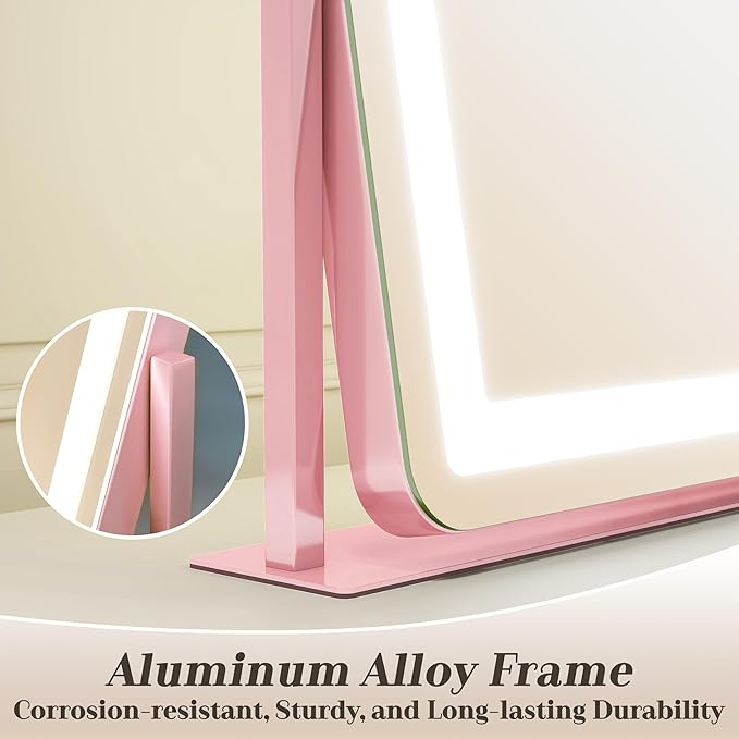 ROLOVE 22x17 Inch Pink Vanity Mirror with Lights，Dimmable LED Lights，3 Color Modes, Smart Touch Control，10X Magnification，Light up Makeup Mirror for Desk, Gift for Teen Girls