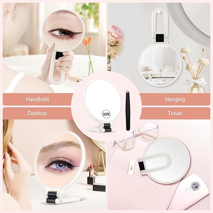 B Beauty Planet 30X Magnifying Mirror, Hand Mirror with Handle, Double Sided Hand Mirror with 30X/1X Magnification, Travel Essential Portable Foldable Makeup Mirror for Precision Makeup White