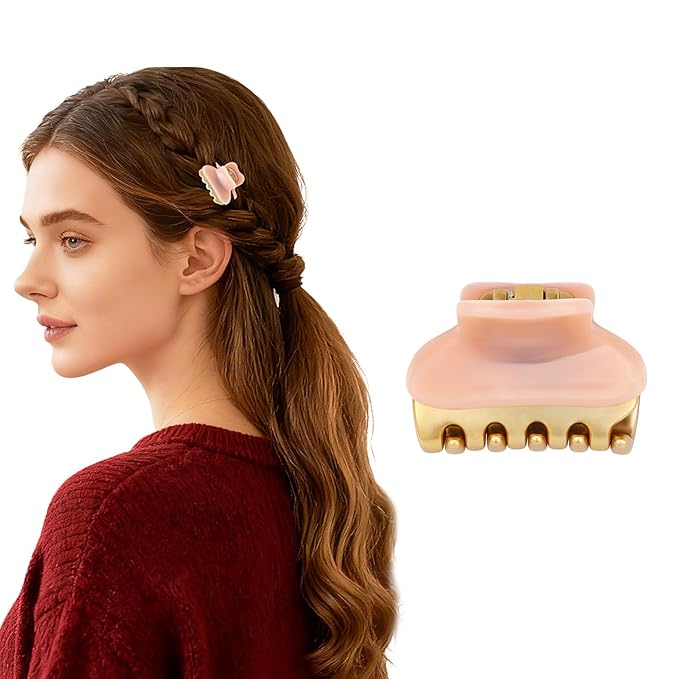 1.2" Mini Claw Clips for Women Girls - Minimalist Double-Layer 18K Gold Painted Hair Clips for Thin Short Hair, Small Non-Slip Luxury Hair Accessories for Daily Face Wash & Makeup, Pink