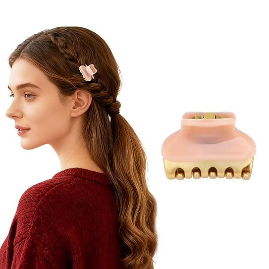 1.2" Mini Claw Clips for Women Girls - Minimalist Double-Layer 18K Gold Painted Hair Clips for Thin Short Hair, Small Non-Slip Luxury Hair Accessories for Daily Face Wash & Makeup, Pink