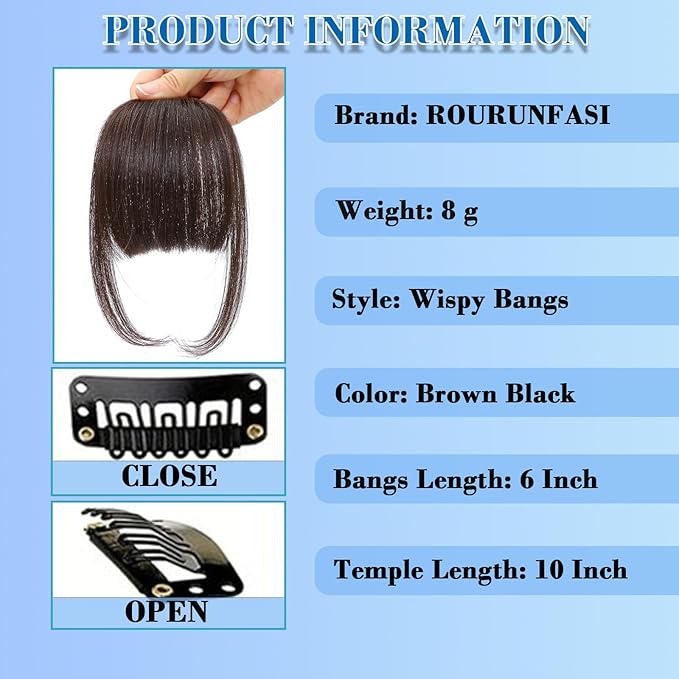 Clip on Wispy Bangs-Real Human Hair Clip in Bangs Hairpieces Brown Black Fake Air Bangs Fringe with Temples Bangs Hair Clip Extensions