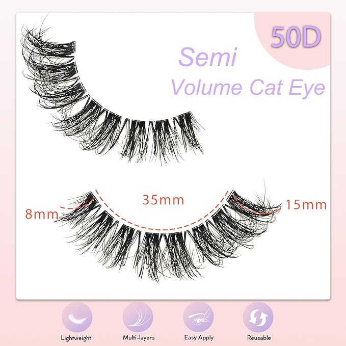 Lashes False Eyelashes Natural Wispy Fake Lash Strips 50D Strip Lash Clusters Cat Eye Volume Mink Eyelash Pack Fluffy Eye Lashes Natural Look Short Cateye Full Pestañas Sets by FenBair