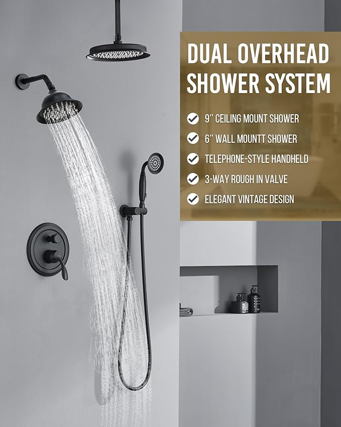 Dasan Antique Dual Rainfall Shower System, Matte Black, Complete Shower Fixture Combo, 9'' & 6'' Dual Rainfall Overhead Shower with Handheld, Valve & Trim Kit, AT3096C-MB