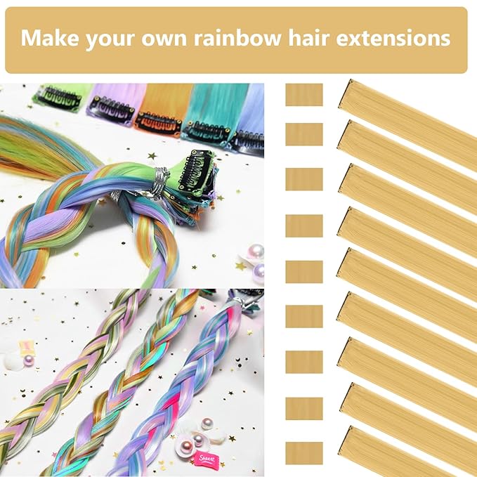 Colored Hair Extensions 14 PCS, 22 In Dream Rainbow Clip in Hair Extensions Party Highlights, Colorful Long Straight Synthetic Hairpieces for Girls Women Kids Gift(Beige Blonde)