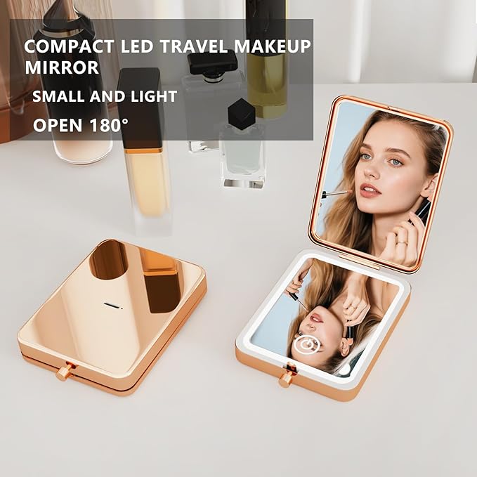LED Lighted Makeup Mirror with 3X Magnification, Portable Folding Compact Dual-Sided, Travel Pocket and Purse Mirror Size, Perfect for Desk Dorm, Office & Vanity Use, Gifts for Women (Solid color)