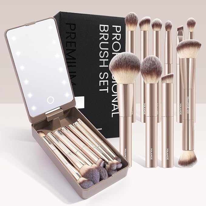 MAANGE Makeup Brush Set 10 Pcs Travel Makeup Brushes Double-ended Kabuki Brush for Foundation Powder Concealers Eye Shadows Makeup Tools Set with LED Light Mirror (Gold)