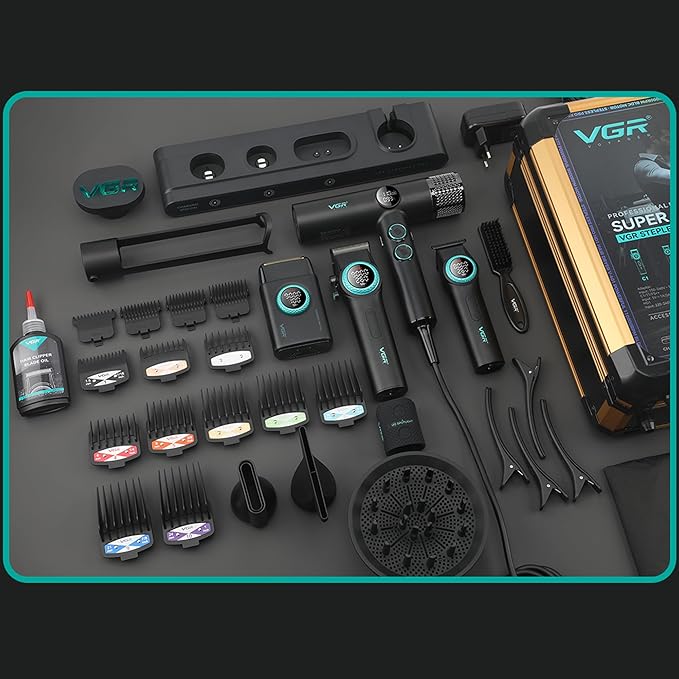 VGR Professional Barber Combo 4 in 1 – Cordless Hair Clipper, Trimmer, Foil Shaver & Powerful Hair Dryer Set for Men, 9000 RPM Motor, Long Battery Life, All-in-One Grooming Kit (Black)