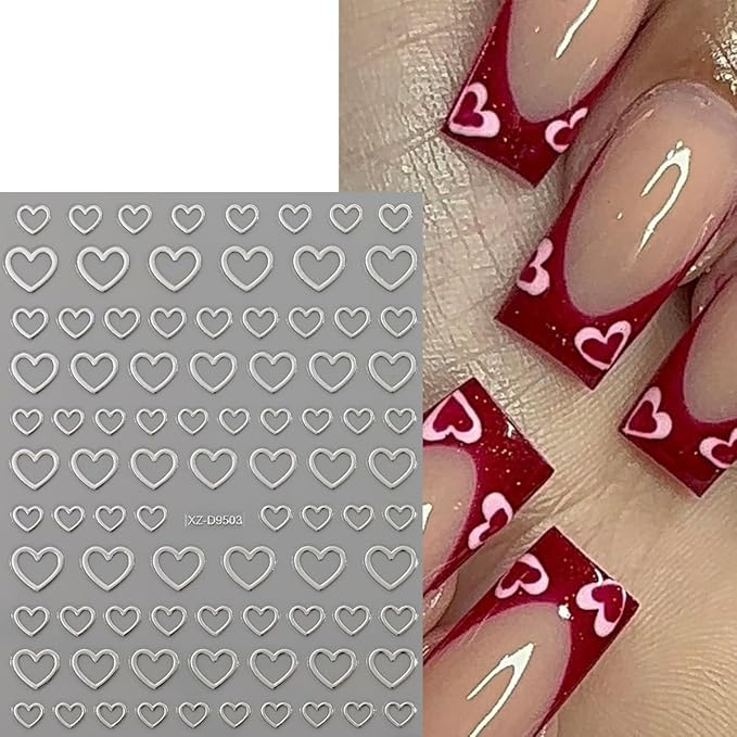 8 Sheets Heart Nail Stickers Valentines Heart Nail Decals 3D Self Adhesive Gold Silver Red White Black Hearts Nail Art Stickers Design Holiday Manicure Accessories for Women DIY Nails Supplies