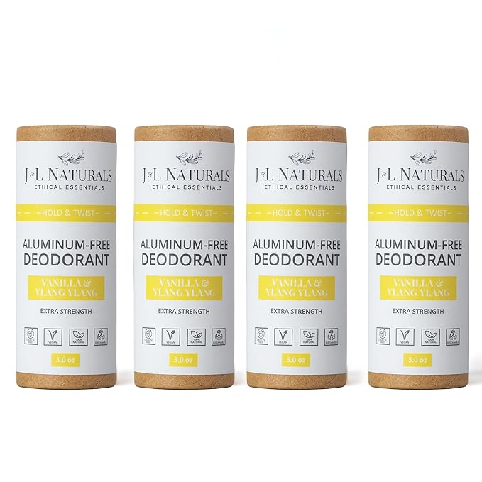 J&L Naturals Aluminum Free Deodorant for Men & Women | 100% Natural Ingredients With Coconut Oil, Shea Butter, & Essential Oils | Sustainable, Eco-Friendly (Vanilla & Ylang Ylang, 3.0 Oz (Pack of 4))