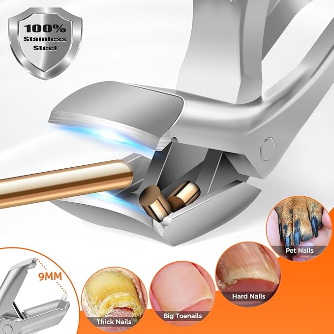 Toenail Clippers for Seniors Thick Toenails, Upgrade Angled Head Large Toe Nail Clippers for Men with Wide Jaw Opening, Sharp Heavy Duty Fingernail Clipper Cutter with Catcher Long Handle - Silver