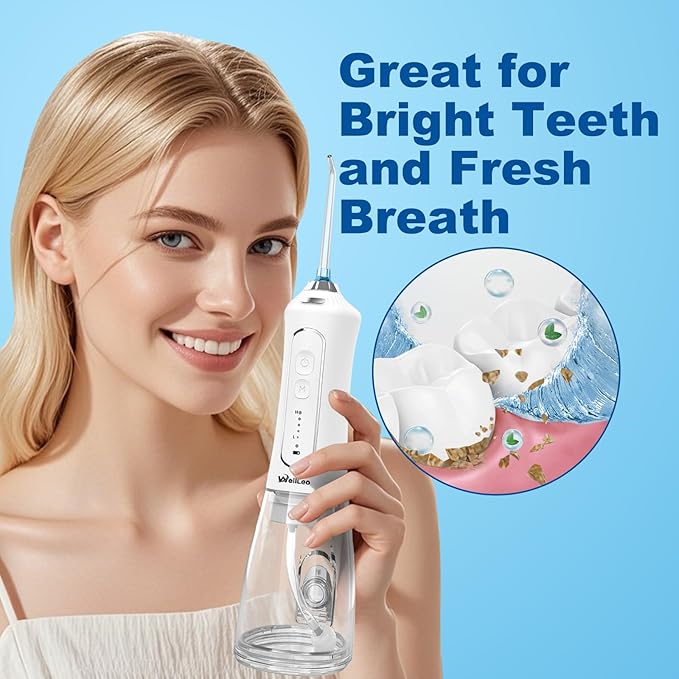 WellLeo Water Flosser for Teeth, 300ML Cordless Oral Irrigator Rechargeable Dental Flosser Picks with 5 Modes 5 Jet Tips,IPX7 Waterproof Teeth Cleaner for Braces Gum Care, Home Travel Use