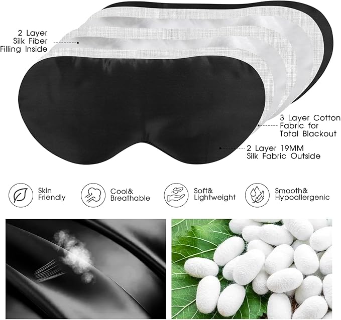 SILKTALE 100% Mulberry Silk Eye Mask for Sleeping with Silk Wrapped Adjustable Strap,Black