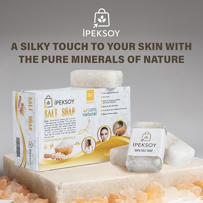 ipeksoy Natural Salt Soap Bar – Purifying and Exfoliating Organic Unscented Bar Soap for Men & Women – Pure Mineral Rock Salt Soap for Gentle Skin Care and Odor Control (Salt (4 Pieces))