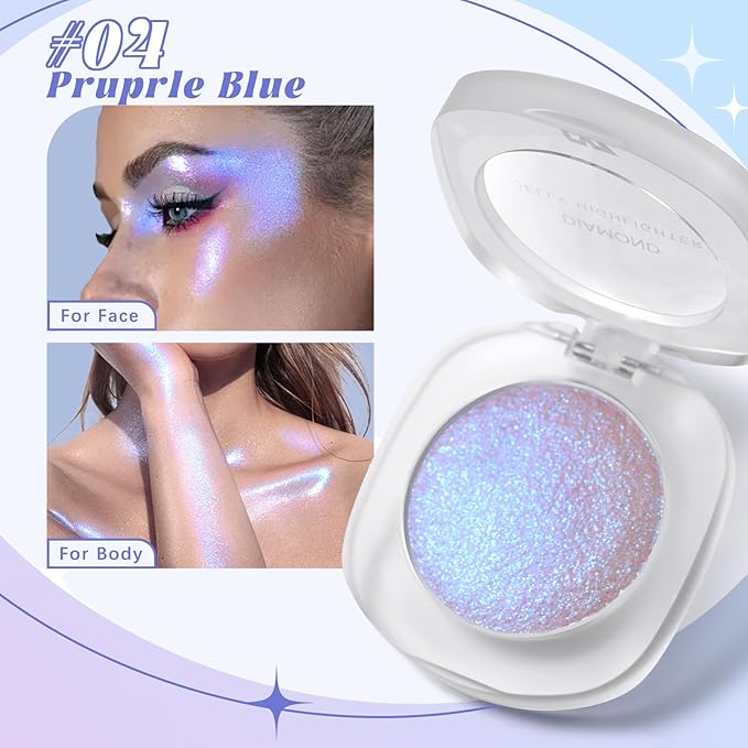 Holographic Duochrome Purple Blue Eyeshadow&Highlighter Palette, Color Shift Glitter Iridescent Cream Highlighter, Smooth Long Lasting Sparkling Eyeshadow Mermaid Facial Illuminator Makeup#04