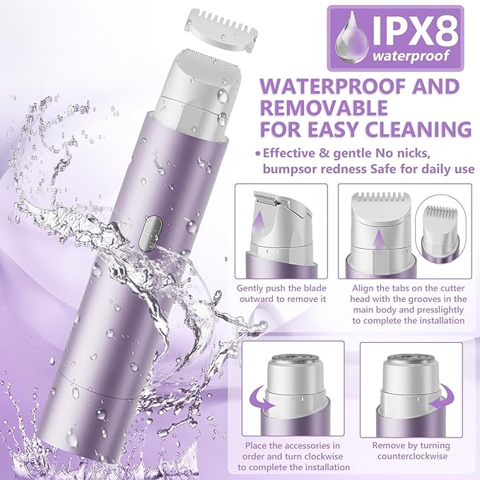 Bikini Trimmer for Women, 2 in 1 Electric Razors for Women Dual Head Body Hair Remover IPX8 Waterproof Painless,Rechargeable Shaver for Face Legs Underarms Pubic Hair,Purple